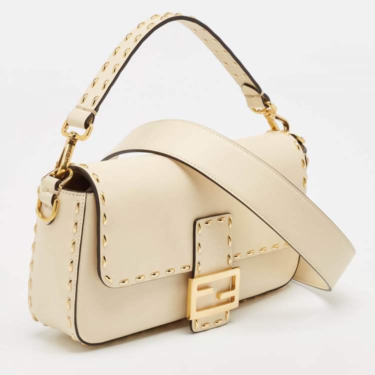 Pre Owned Fendi Beige Leather Metal Stitch Baguette Bag