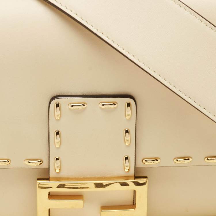 Pre Owned Fendi Beige Leather Metal Stitch Baguette Bag