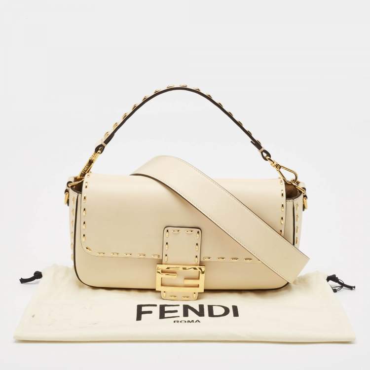 Pre Owned Fendi Beige Leather Metal Stitch Baguette Bag