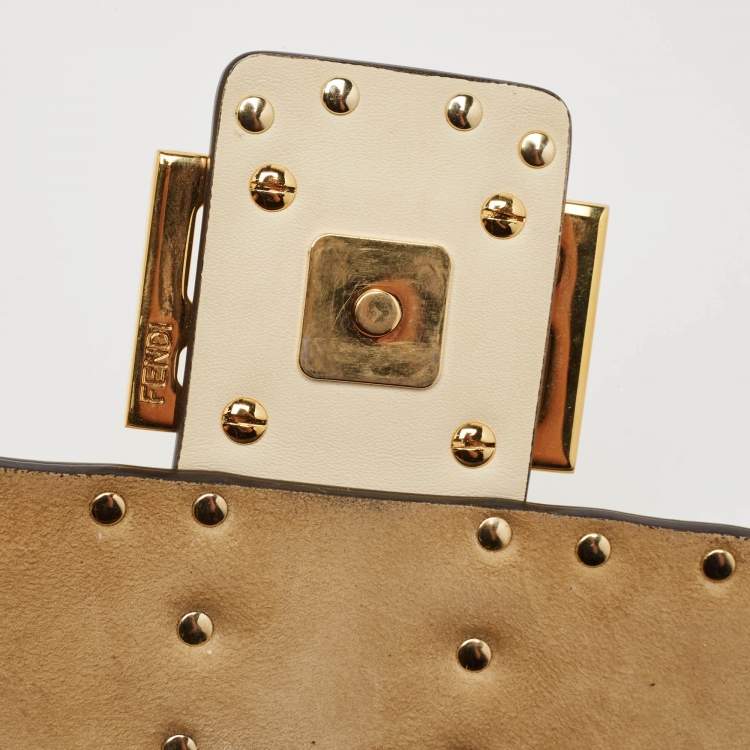 Pre Owned Fendi Beige Leather Metal Stitch Baguette Bag