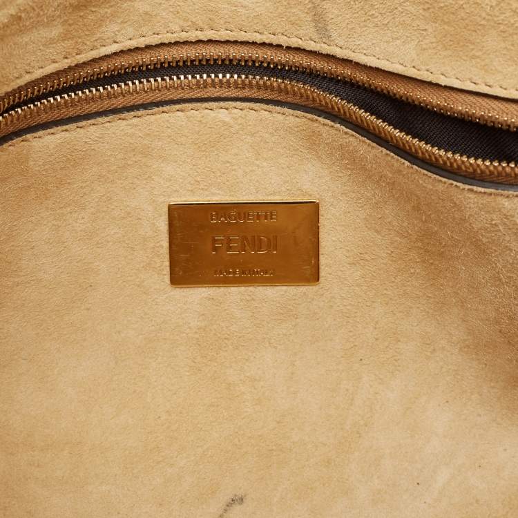 Pre Owned Fendi Beige Leather Metal Stitch Baguette Bag