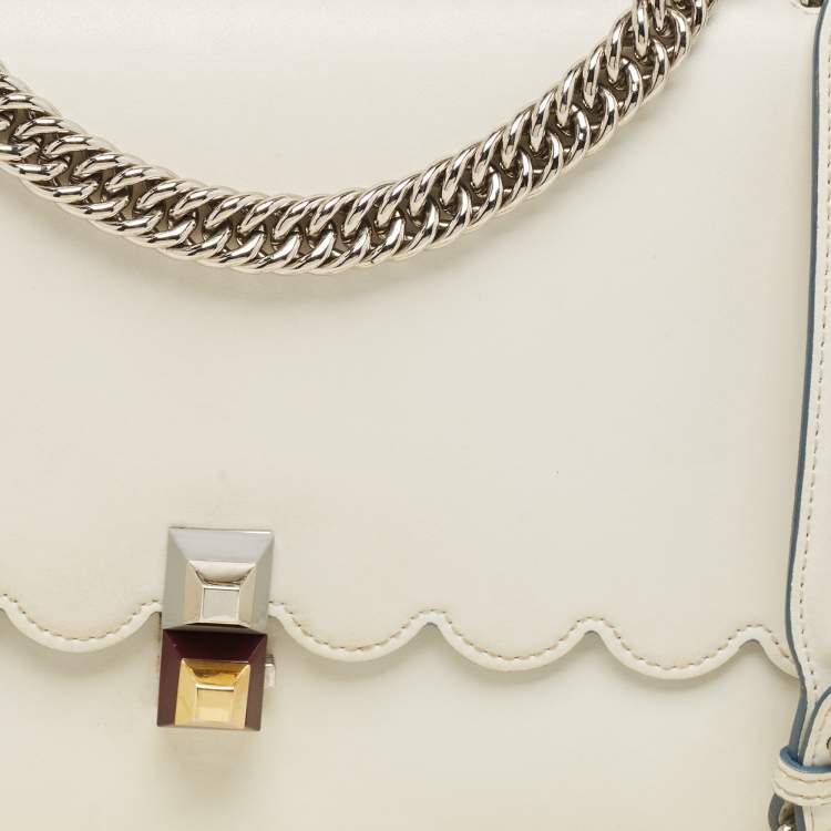 Pre Owned Fendi Off White Scalloped Leather Medium Kan I Shoulder Bag