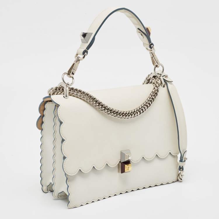 Pre Owned Fendi Off White Scalloped Leather Medium Kan I Shoulder Bag