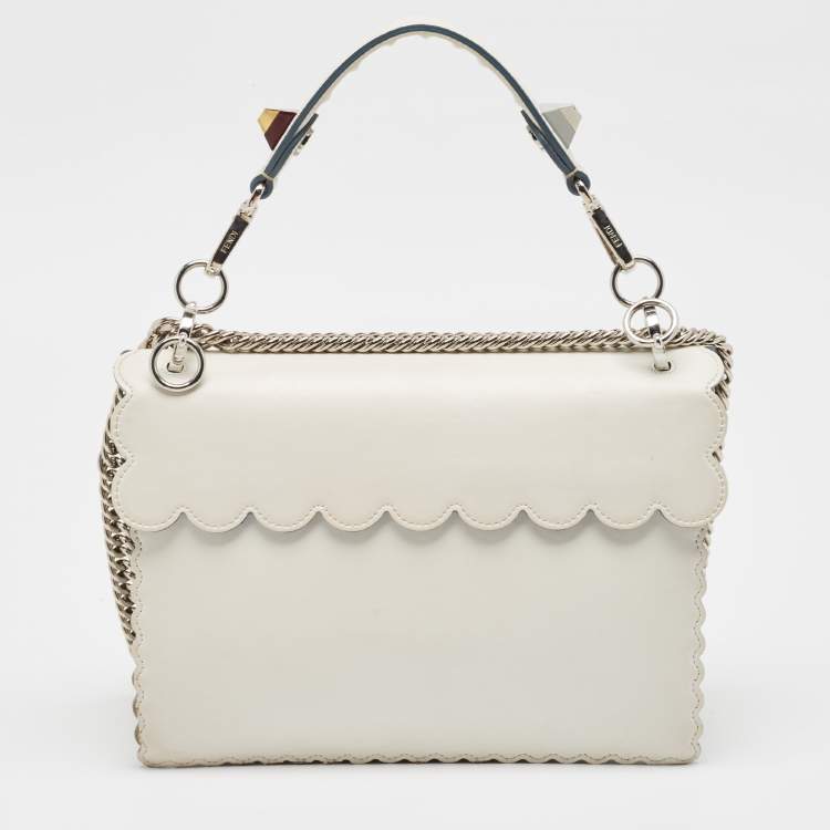 Pre Owned Fendi Off White Scalloped Leather Medium Kan I Shoulder Bag