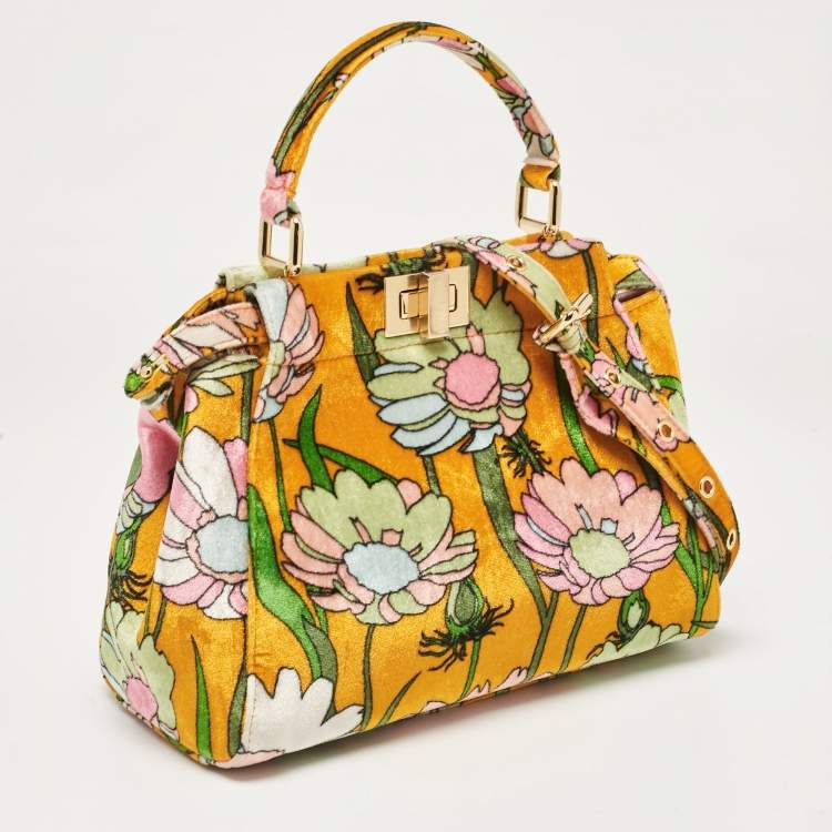 Pre Owned Fendi Multicolor Velvet Mini Floral Peekaboo Top Handle Bag