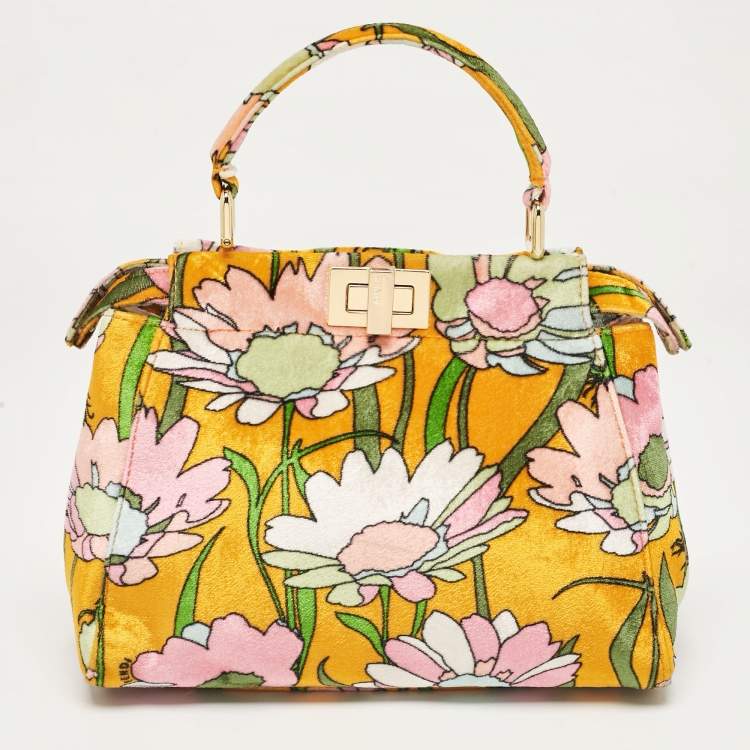 Pre Owned Fendi Multicolor Velvet Mini Floral Peekaboo Top Handle Bag