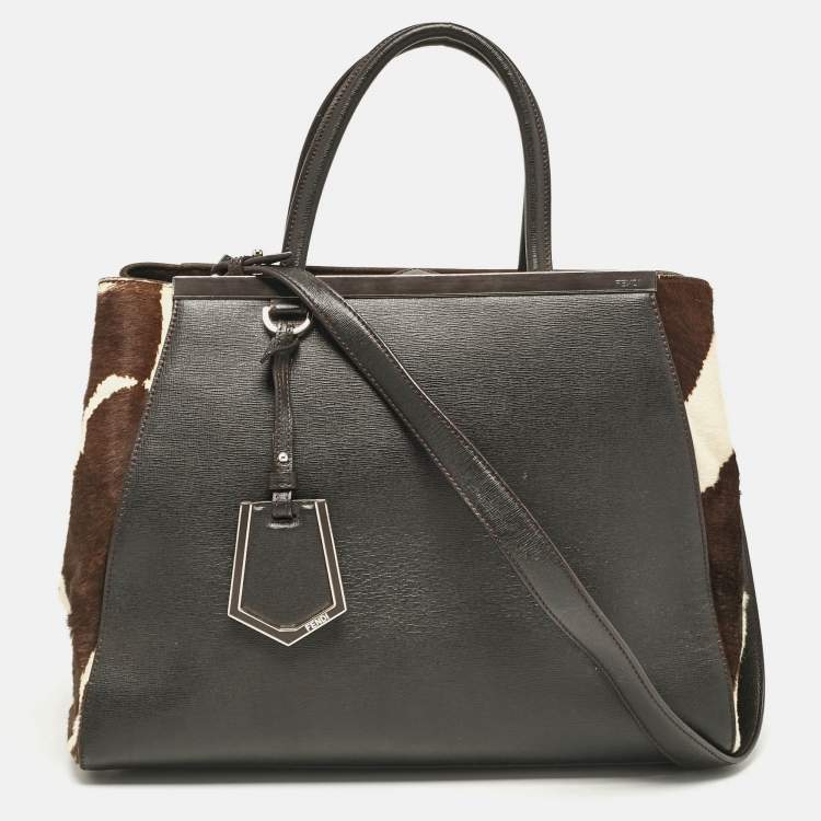 Pre Owned Fendi Dark Brown Zebra Pring Calfhair and Leather Medium 2Jours Tote