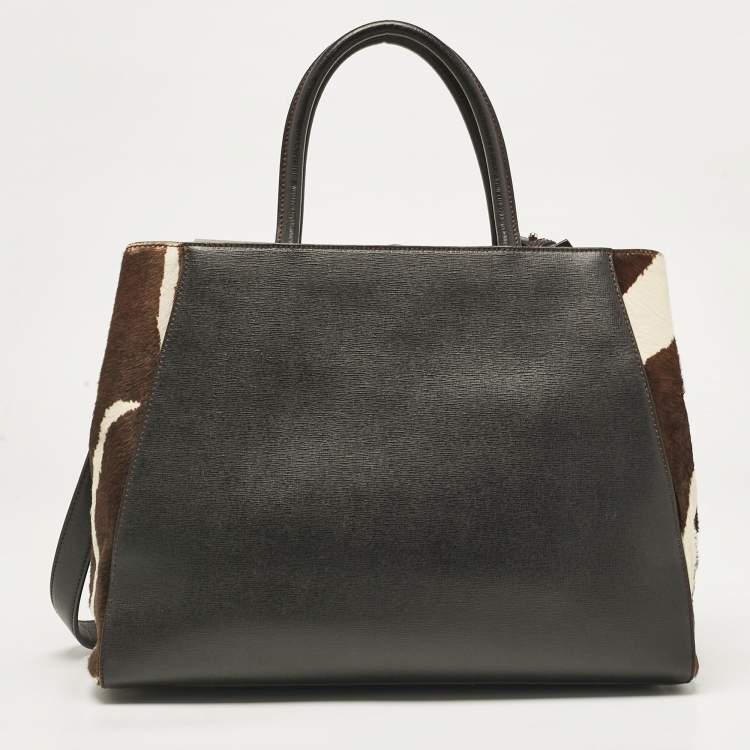 Pre Owned Fendi Dark Brown Zebra Pring Calfhair and Leather Medium 2Jours Tote