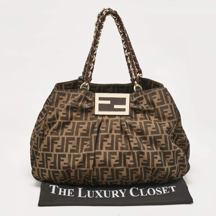 Pre Owned Fendi Tobacco Zucca Canvas and Patent Leather Large Mia Shoulder Bag