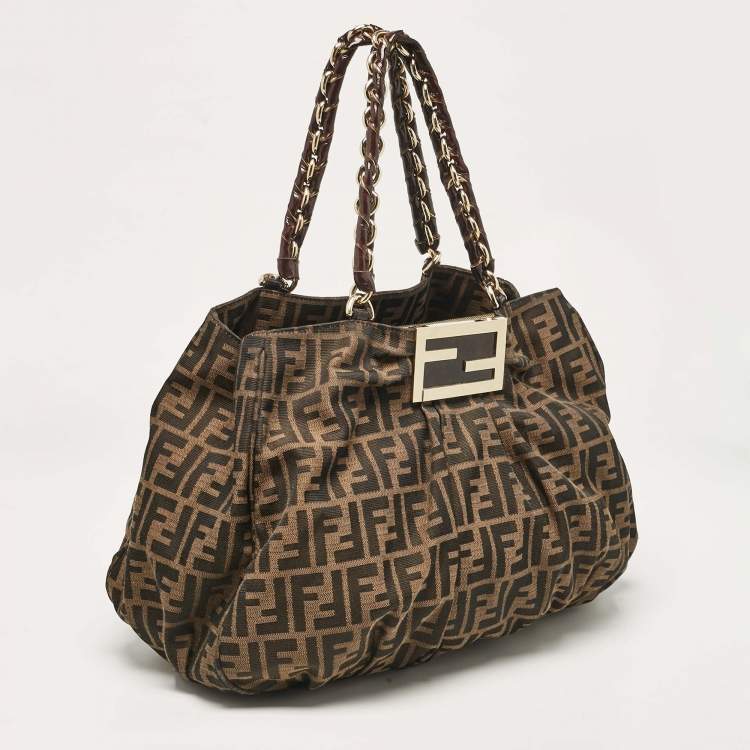 Pre Owned Fendi Tobacco Zucca Canvas and Patent Leather Large Mia Shoulder Bag