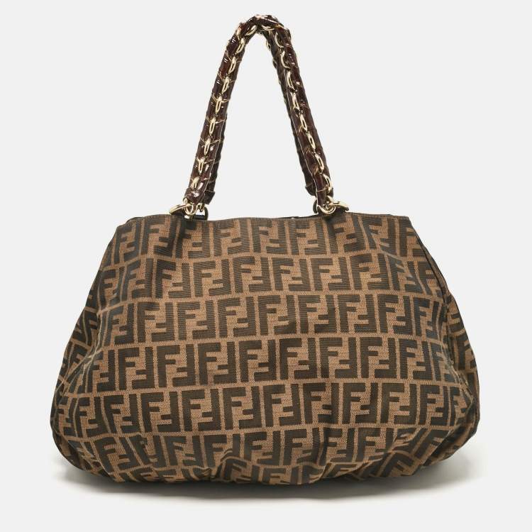Pre Owned Fendi Tobacco Zucca Canvas and Patent Leather Large Mia Shoulder Bag