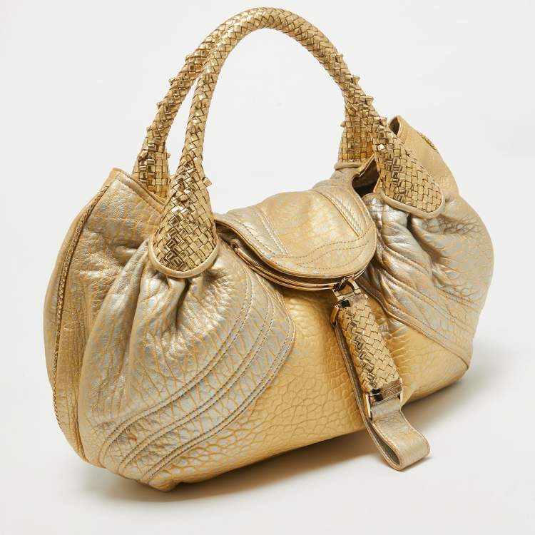 Pre Owned Fendi Metallic Gold Holographic Textured Leather Spy Hobo