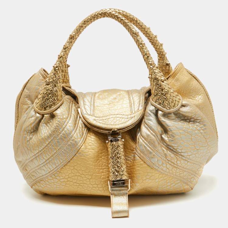 Pre Owned Fendi Metallic Gold Holographic Textured Leather Spy Hobo