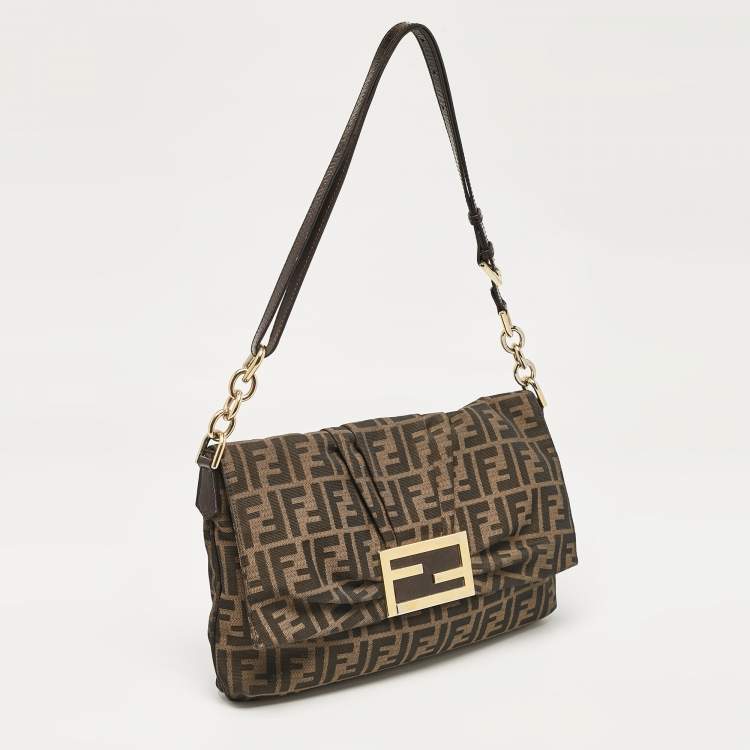 Pre Owned Fendi Tobacco Zucca Canvas and Patent Leather Mia Flap Shoulder Bag