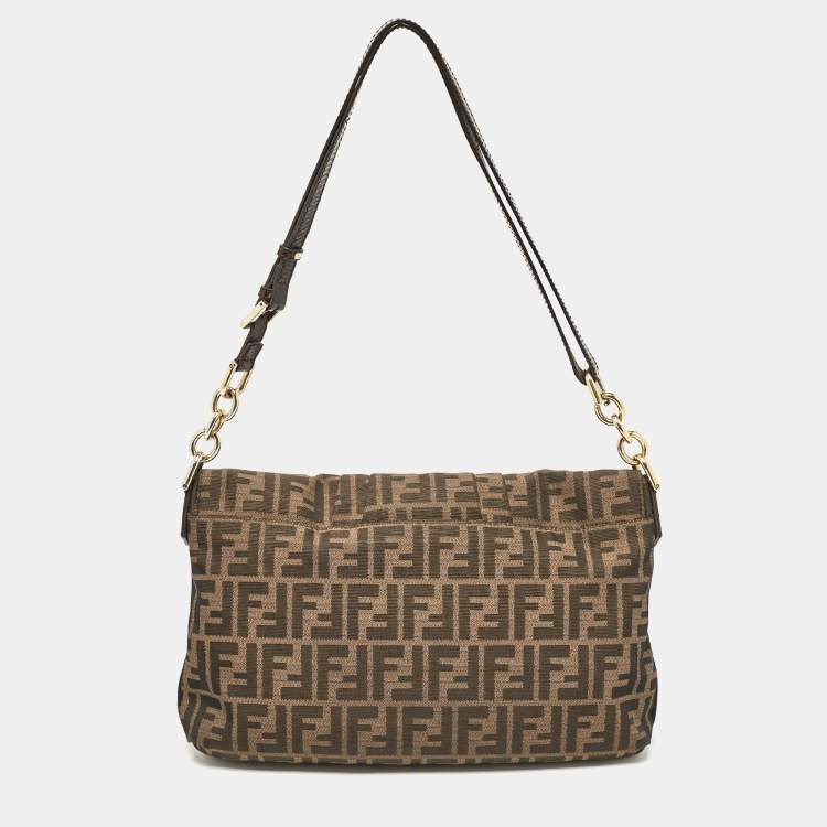 Pre Owned Fendi Tobacco Zucca Canvas and Patent Leather Mia Flap Shoulder Bag
