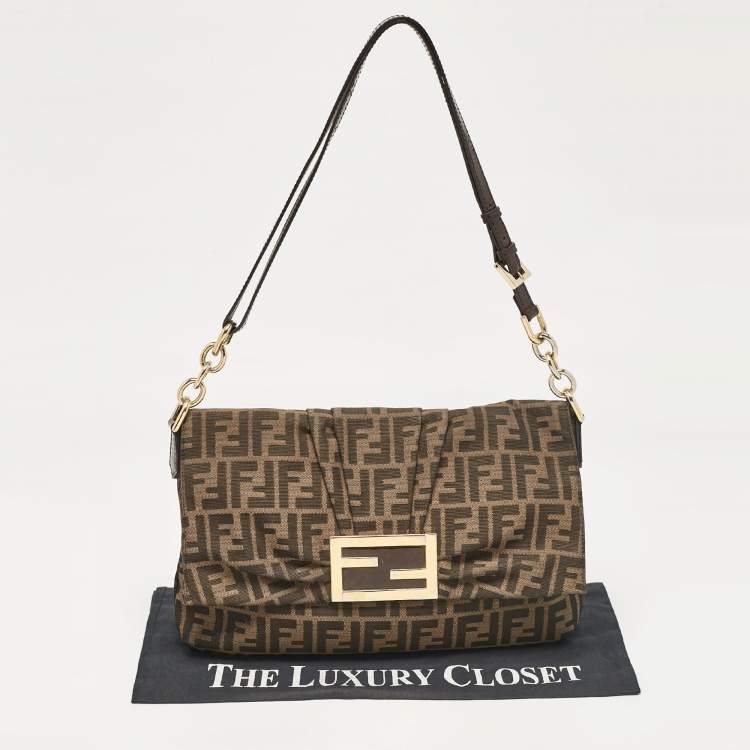 Pre Owned Fendi Tobacco Zucca Canvas and Patent Leather Mia Flap Shoulder Bag