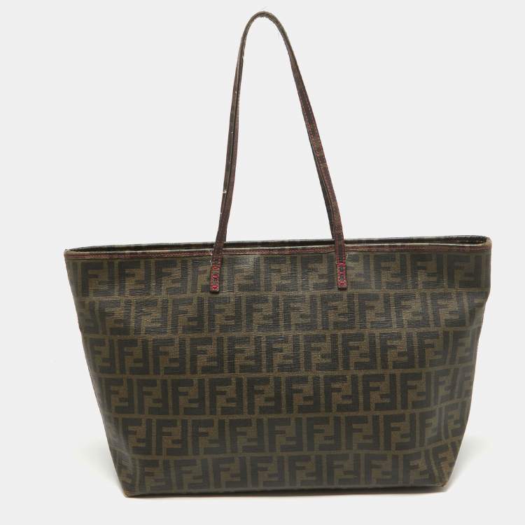 Pre Owned Fendi Tobacco/Pink Zucca Coated Canvas and Leather Roll Shopper Tote