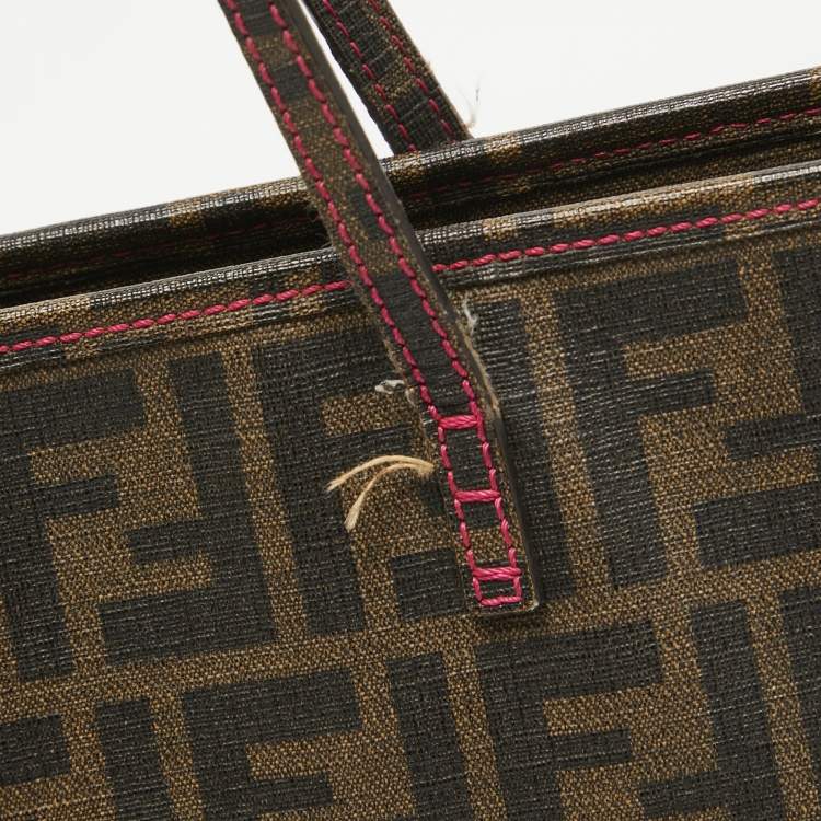Pre Owned Fendi Tobacco/Pink Zucca Coated Canvas and Leather Roll Shopper Tote