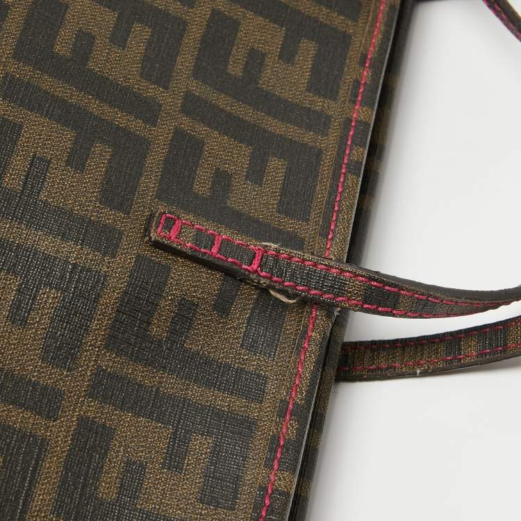 Pre Owned Fendi Tobacco/Pink Zucca Coated Canvas and Leather Roll Shopper Tote