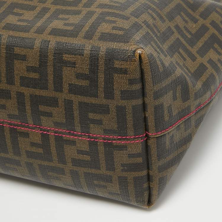 Pre Owned Fendi Tobacco/Pink Zucca Coated Canvas and Leather Roll Shopper Tote