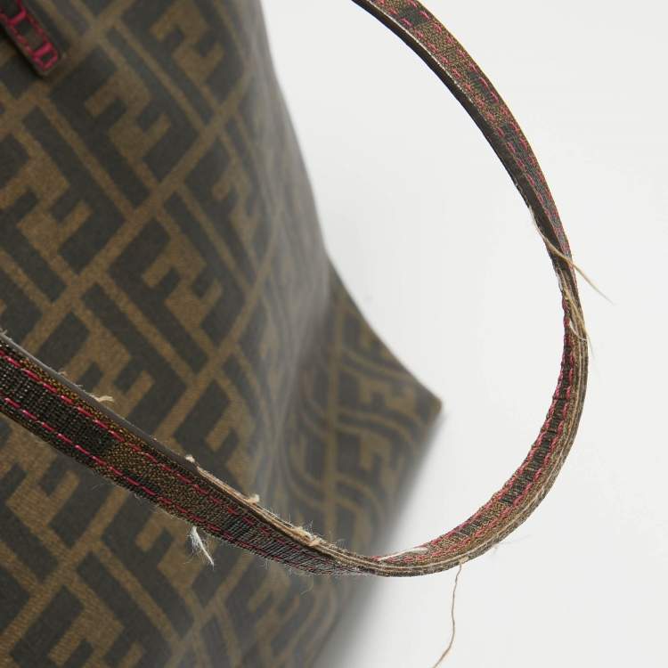 Pre Owned Fendi Tobacco/Pink Zucca Coated Canvas and Leather Roll Shopper Tote