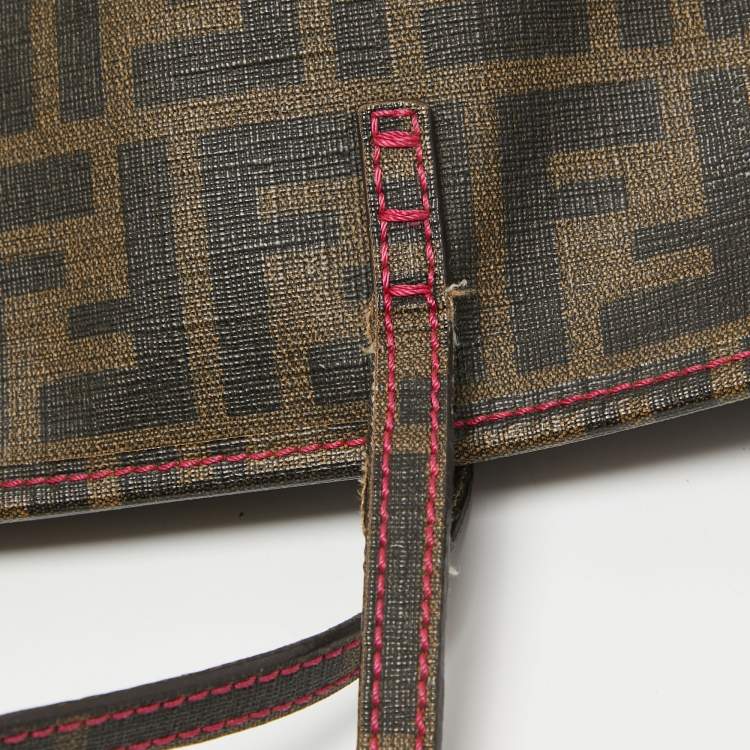 Pre Owned Fendi Tobacco/Pink Zucca Coated Canvas and Leather Roll Shopper Tote