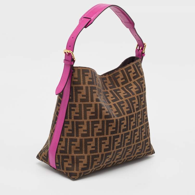 Pre Owned Fendi Tobacco/Pink Zucca Canvas and Leather Piccola Hobo
