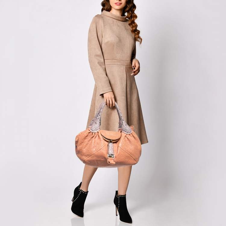 Pre Owned Fendi Peach Textured Leather Spy Hobo