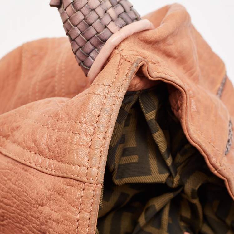 Pre Owned Fendi Peach Textured Leather Spy Hobo