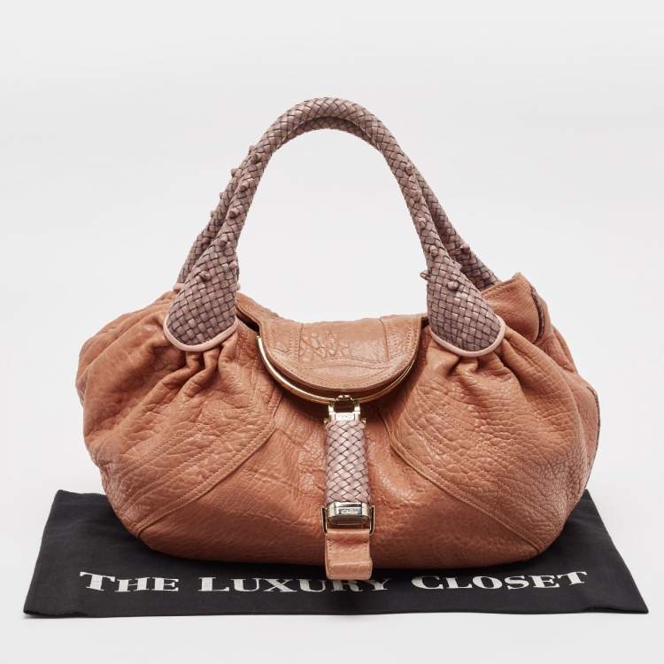 Pre Owned Fendi Peach Textured Leather Spy Hobo