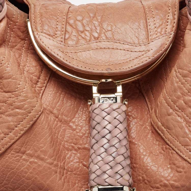 Pre Owned Fendi Peach Textured Leather Spy Hobo