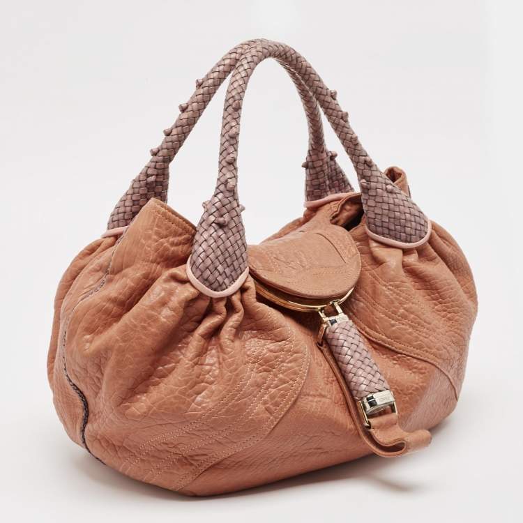 Pre Owned Fendi Peach Textured Leather Spy Hobo