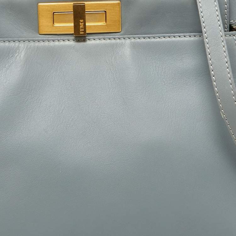 Pre Owned Fendi Light Grey Leather Medium Peekaboo Top Handle Bag