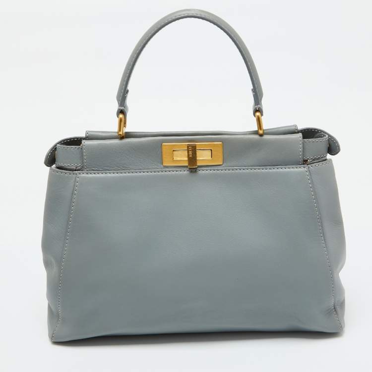 Pre Owned Fendi Light Grey Leather Medium Peekaboo Top Handle Bag