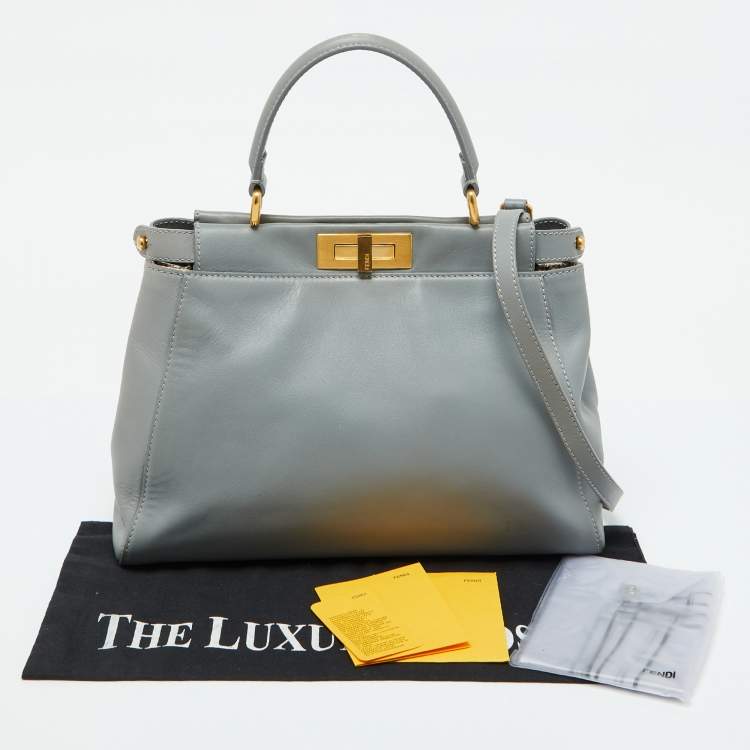 Pre Owned Fendi Light Grey Leather Medium Peekaboo Top Handle Bag