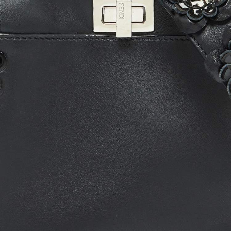 Pre Owned Fendi Black Leather Mini Whipstitched Peekaboo Top Handle Bag