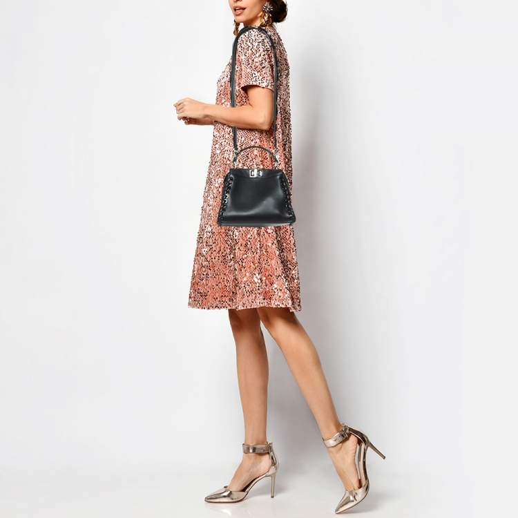 Pre Owned Fendi Black Leather Mini Whipstitched Peekaboo Top Handle Bag