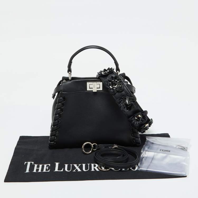Pre Owned Fendi Black Leather Mini Whipstitched Peekaboo Top Handle Bag