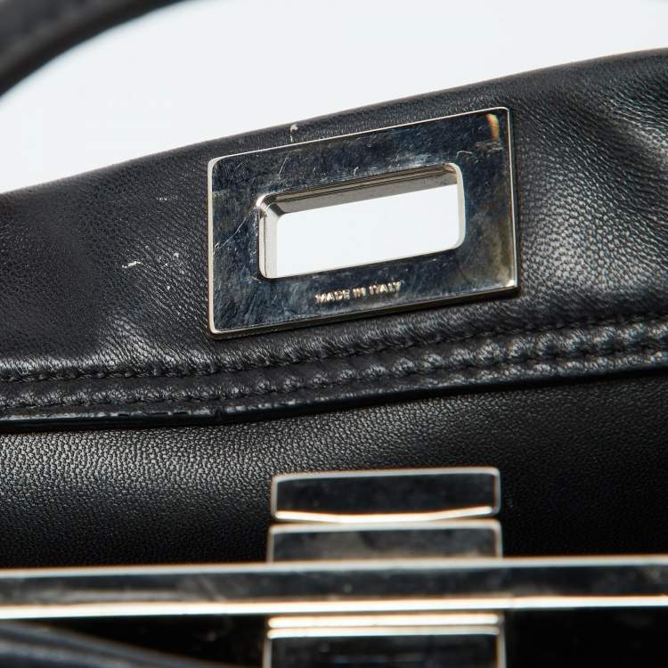 Pre Owned Fendi Black Leather Mini Whipstitched Peekaboo Top Handle Bag