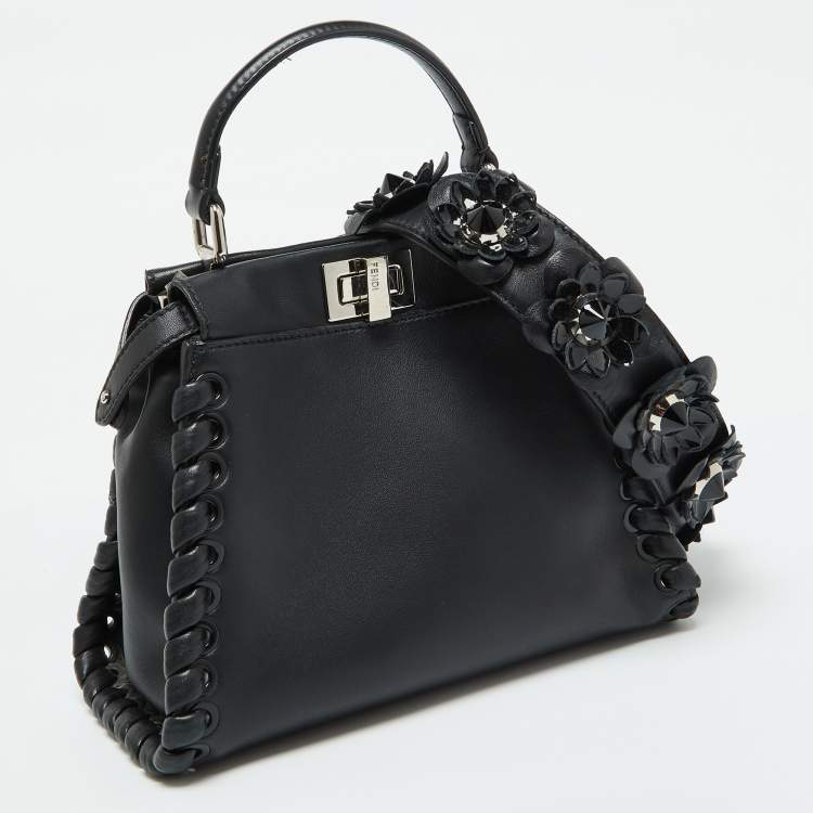 Pre Owned Fendi Black Leather Mini Whipstitched Peekaboo Top Handle Bag