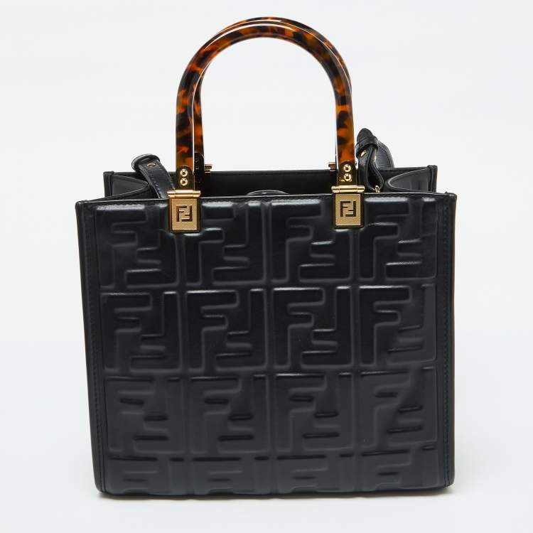 Pre Owned Fendi Black FF Embossed Leather Small Sunshine Tote