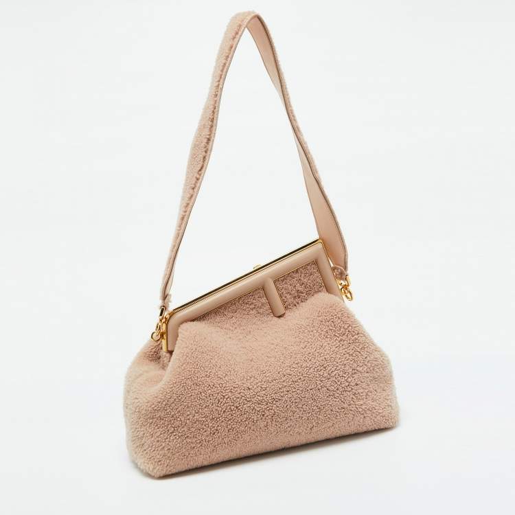 Pre Owned Fendi Beige Shearling Fur Fendi First Midi Shoulder Bag
