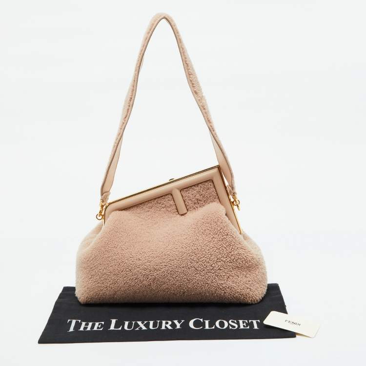 Pre Owned Fendi Beige Shearling Fur Fendi First Midi Shoulder Bag