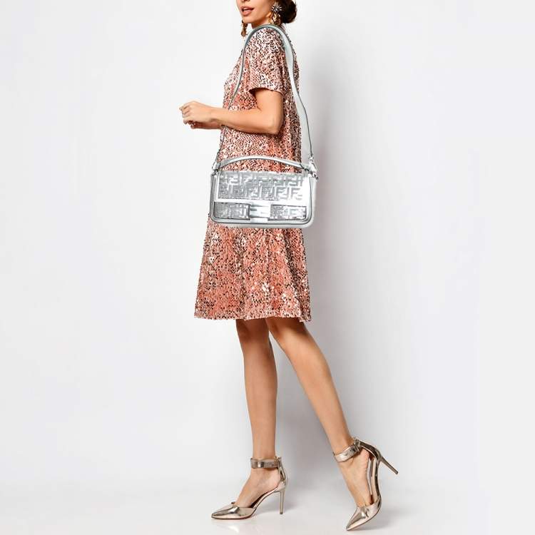 Pre Owned Fendi Silver Zucca Leather, PVC and Sequins Baguette Bag