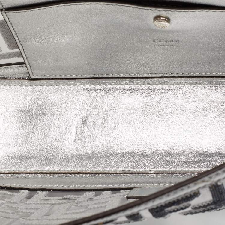 Pre Owned Fendi Silver Zucca Leather, PVC and Sequins Baguette Bag