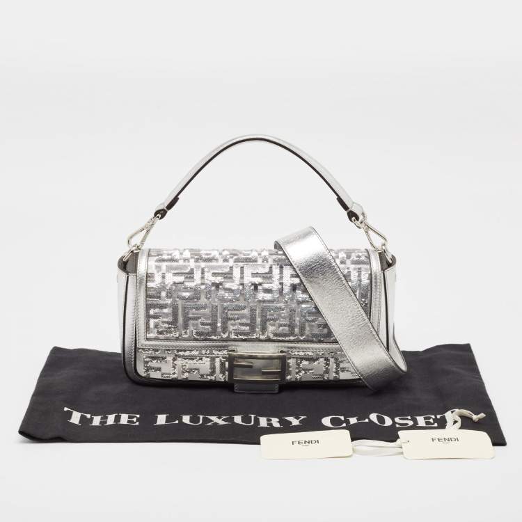 Pre Owned Fendi Silver Zucca Leather, PVC and Sequins Baguette Bag