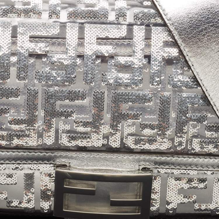 Pre Owned Fendi Silver Zucca Leather, PVC and Sequins Baguette Bag