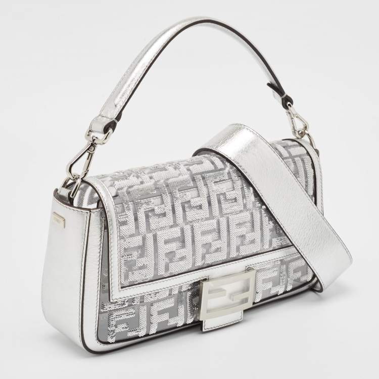 Pre Owned Fendi Silver Zucca Leather, PVC and Sequins Baguette Bag