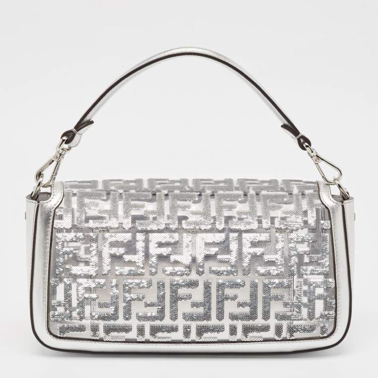 Pre Owned Fendi Silver Zucca Leather, PVC and Sequins Baguette Bag