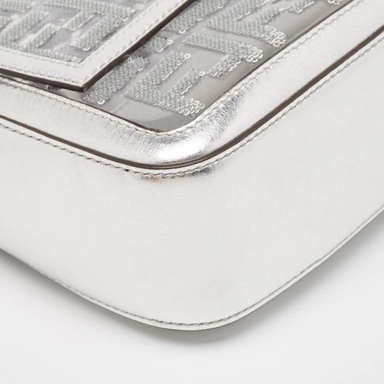 Pre Owned Fendi Silver Zucca Leather, PVC and Sequins Baguette Bag